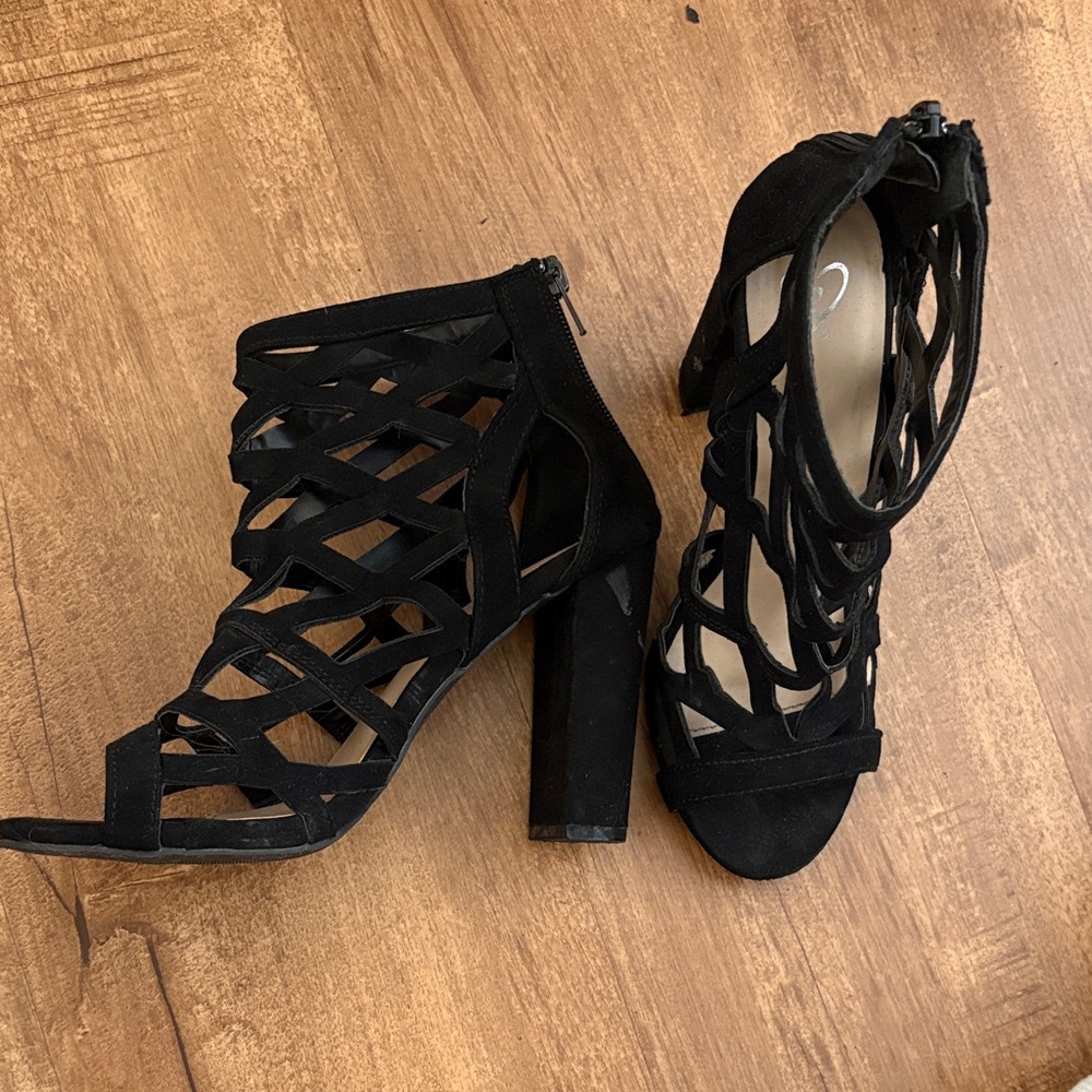 Women's Black Strappy Cage Block Heel Sandals